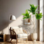 Artificial plants are used in the design of natural trunk for the decoration of living room, home office, and artificial magnolia leaves.